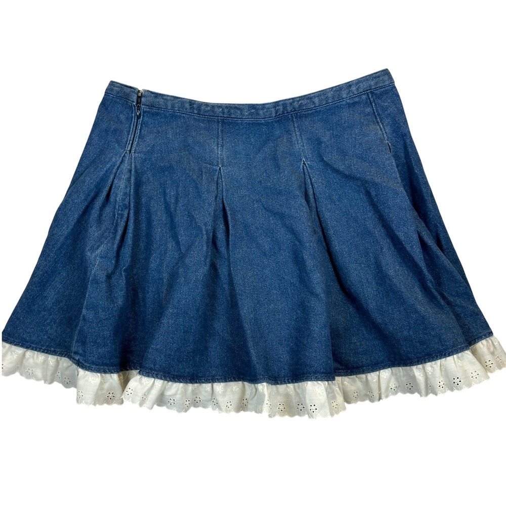 Blue Denim Pleated Mini Skirt Eyelet Ruffle Hem Size 15 Coquette Cottage Country